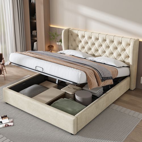 Lit Double Lit Coffre 160x200 Cm, Lit Adulte Avec Tête De Lit à Oreilles Et Sommier, Velours Beige