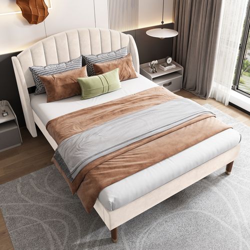 Lit Double 140x190 Cm Avec Tête De Lit Et Sommier à Lattes, Design Jeune, Velours Beige