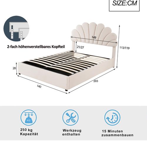 Lit Double 140x200 Cm Avec Tête De Lit Fleurie, Sommier Et Coffre, Velours Beige