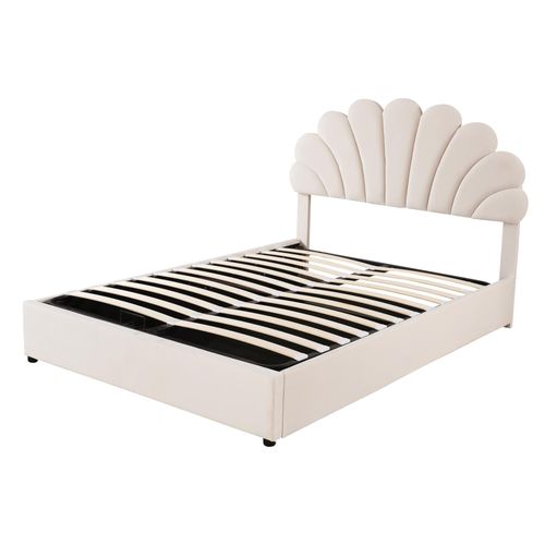 Lit Double 140x200 Cm Avec Tête De Lit Fleurie, Sommier Et Coffre, Velours Beige