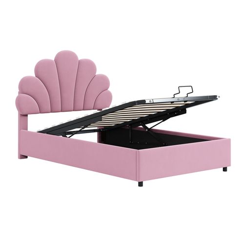 Lit Coffre Enfant 90x200 Cm Avec Tête De Lit Réglable En Forme De Fleur Et Sommier, Velours Rose