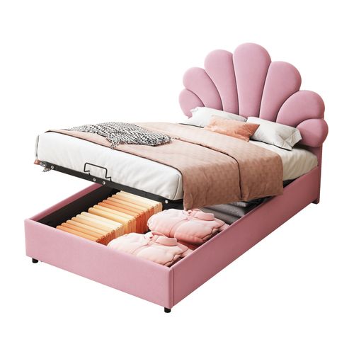 Lit Coffre Enfant 90x200 Cm Avec Tête De Lit Réglable En Forme De Fleur Et Sommier, Velours Rose