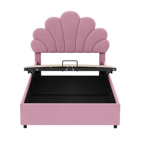 Lit Coffre Enfant 90x200 Cm Avec Tête De Lit Réglable En Forme De Fleur Et Sommier, Velours Rose