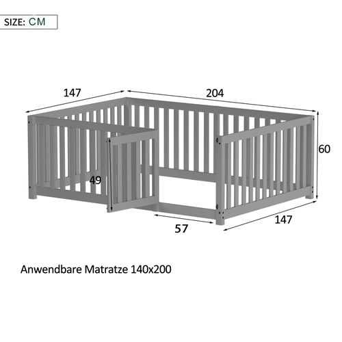 Lit Enfant 140x200 Cm, Lit Double, Cadre De Lit En Pin, Barrière Et Porte, Sans Sommier, Gris
