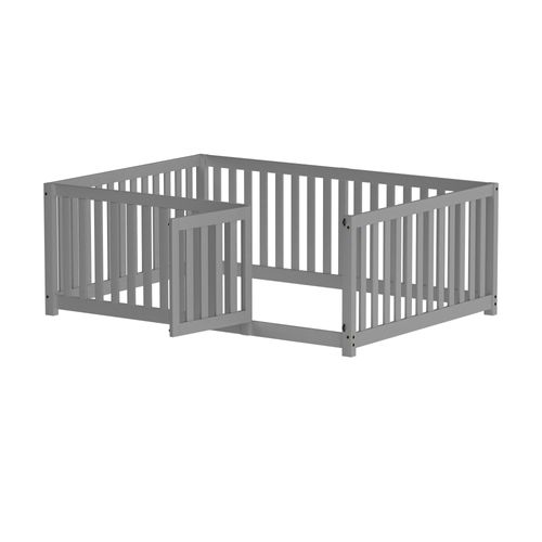 Lit Enfant 140x200 Cm, Lit Double, Cadre De Lit En Pin, Barrière Et Porte, Sans Sommier, Gris