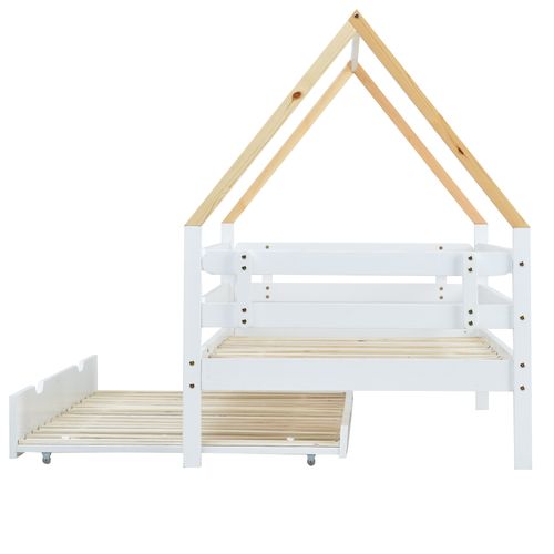 Lit Cabane Enfant 90x200 Cm Avec Lit Gigogne, Cadre De Lit En Pin, Barrière, Sommiers, Blanc