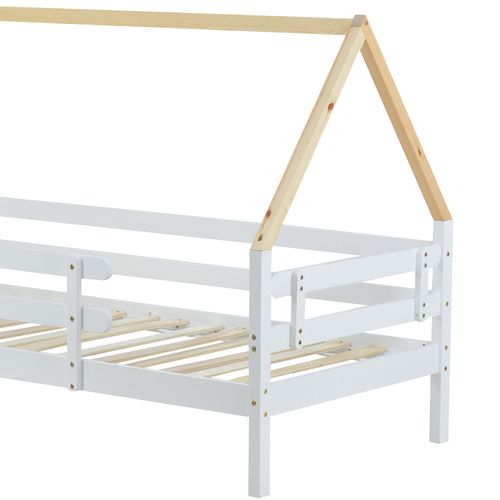 Lit Cabane Enfant 90x200 Cm Avec Lit Gigogne, Cadre De Lit En Pin, Barrière, Sommiers, Blanc