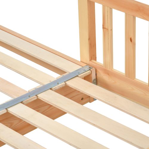 Lit Cabane Enfant 90x200 Cm Avec Lit Gigogne, Cadre De Lit En Pin, Barrière, Sommiers, Naturel