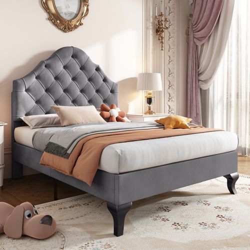 Lit Enfant 90x200 Cm, Lit Simple Avec Tête De Lit Réglable, Sommier, Velours Gris