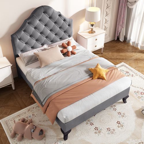 Lit Enfant 90x200 Cm, Lit Simple Avec Tête De Lit Réglable, Sommier, Velours Gris