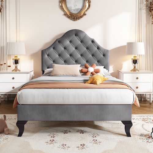 Lit Enfant 90x200 Cm, Lit Simple Avec Tête De Lit Réglable, Sommier, Velours Gris