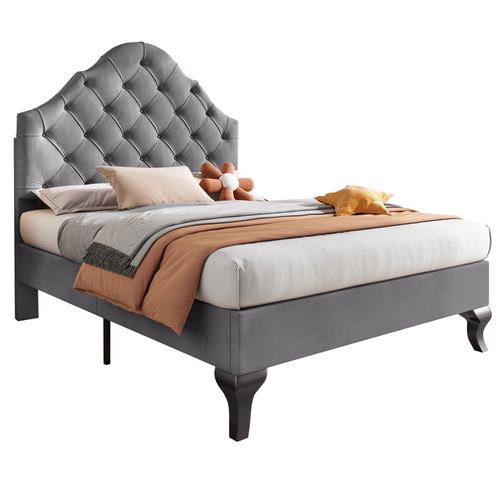 Lit Enfant 90x200 Cm, Lit Simple Avec Tête De Lit Réglable, Sommier, Velours Gris