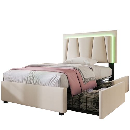 Lit Enfant 90x200 Cm, Lit Simple Avec LED, 2 Tiroirs, Tête De Lit Réglable, Sommier, Lin Beige