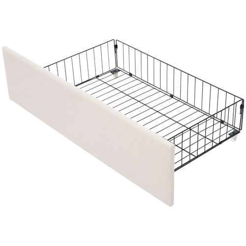 Lit Enfant 90x200 Cm, Lit Simple Avec LED, 2 Tiroirs, Tête De Lit Réglable, Sommier, Lin Beige