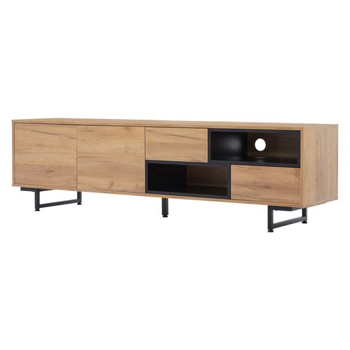 Meuble TV 173x38x48cm,  2 Tiroirs, 2 Portes, Passe-câble, Naturel, Aggloméré,  Couleur Bois+noir