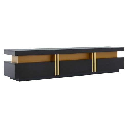 Meuble TV 200x40x42cm, 3 Tiroirs, Motif Marbre, Moderne, Passe-câbles, Aggloméré, Noir+doré