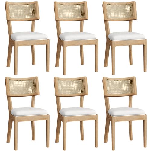 Lot De 6 Chaises 58x50x88cm, Cadre En Bois, Dossier En Rotin, Velours, Couleur Bois+blanc