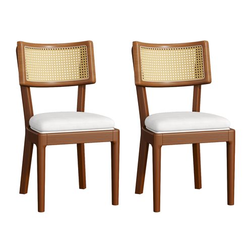 Lot De 2 Chaises 58x50x88cm, Cadre En Bois, Dossier En Rotin, Velours, Couleur Marron+blanc
