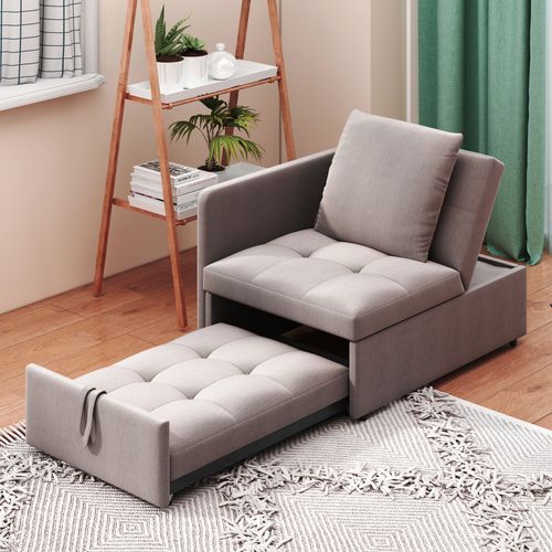 Fauteuil Convertible 177x68x65cm, Design 3-en-1 Transformable, Dossier Réglable, Lin, Métal, Gris