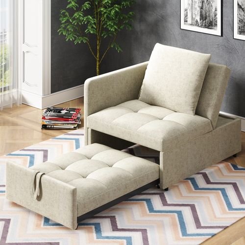 Fauteuil Convertible 177x68x65cm, Design 3-en-1 Transformable, Dossier Réglable, Lin, Métal, Beige