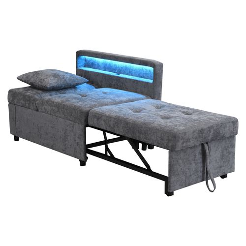 Canapé Convertible177x68x65cm, Design 3-en-1 Transformable, LED, USB, Lin, Gris Clair