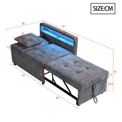 Canapé Convertible177x68x65cm, Design 3-en-1 Transformable, LED, USB, Lin, Gris Clair