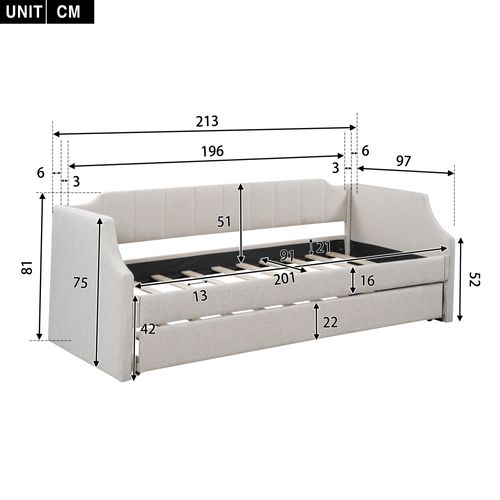 Lit Gigogne 90 X 200(190)cm, Lit Extensible 2 En 1 Sur Roulettes, Dossier, Accoudoir, Lin, Beige