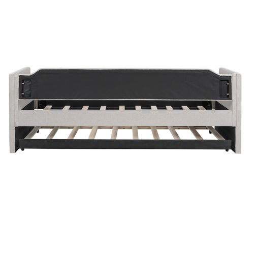 Lit Gigogne 90 X 200(190)cm, Lit Extensible 2 En 1 Sur Roulettes, Dossier, Accoudoir, Lin, Beige