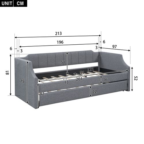 Lit Gigogne 90 X 200(190)cm, Lit Extensible 2 En 1 Sur Roulettes, Dossier, Accoudoir, Lin, Gris
