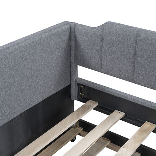 Lit Gigogne 90 X 200(190)cm, Lit Extensible 2 En 1 Sur Roulettes, Dossier, Accoudoir, Lin, Gris