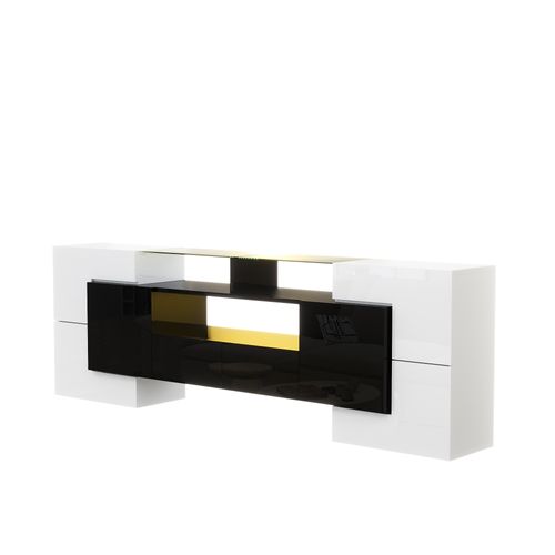 Meuble TV 200*35*60cm, Meuble De Salon, LED, Portes, Tiroirs, Étagères, Pb, Blanc, Noir