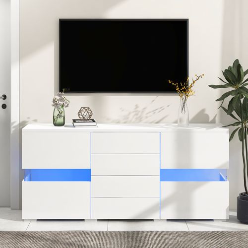 Buffet Moderne 140x35x72 Cm Avec LED 16 Couleurs, Pour Salle à Manger Et Salon, En Mdf Blanc