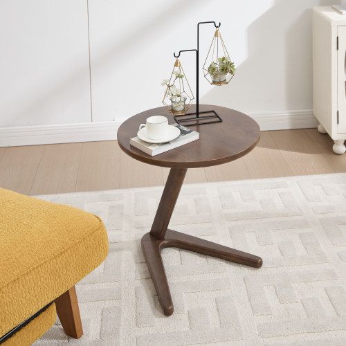 Table d'appoint Ronde Bois 50x50x50cm, Pieds De Support Uniques En Forme De Z, Marron