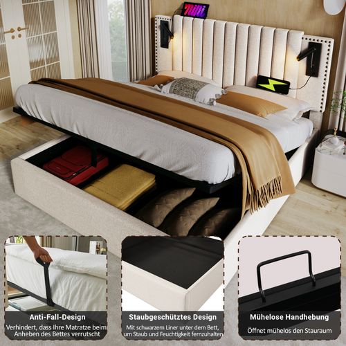 Lit Double 160x200 Cm - Coffre Capitonné Avec Sommier, USB/type-c Et Lampe - Coton - Beige