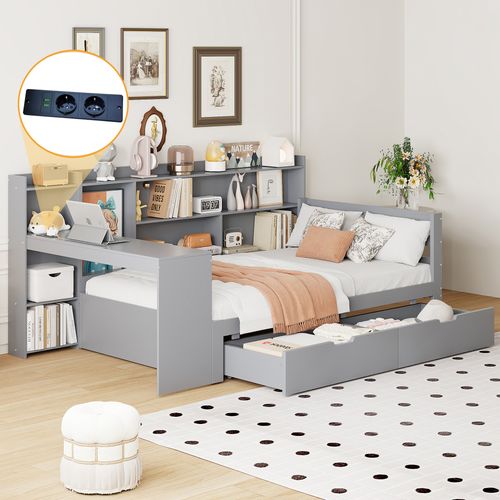 Lit Enfant 90x200 Cm - Simple, Bureau, Bibliothèque, Rangement, Bois - Gris