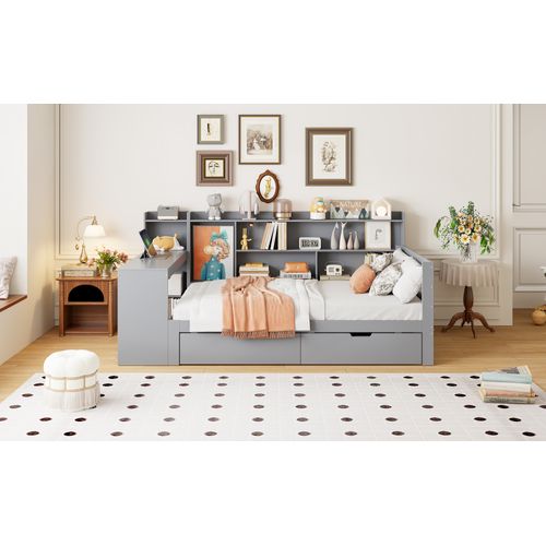 Lit Enfant 90x200 Cm - Simple, Bureau, Bibliothèque, Rangement, Bois - Gris