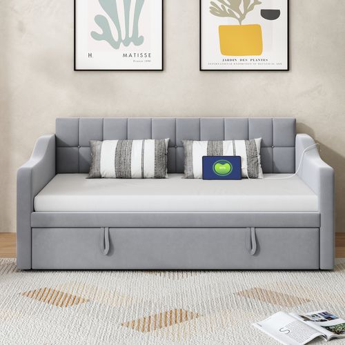 Lit Gigogne 90/180x190 Cm - Simple, Tiroir, Poche, USB, Velours - Gris Clair