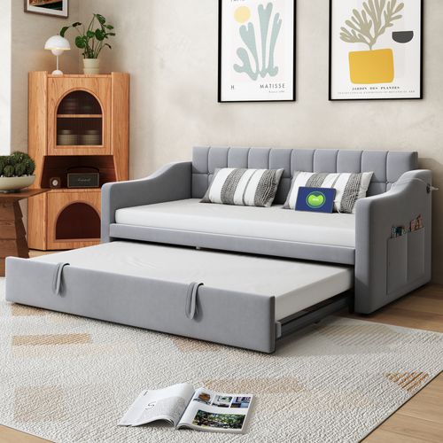 Lit Gigogne 90/180x190 Cm - Simple, Tiroir, Poche, USB, Velours - Gris Clair