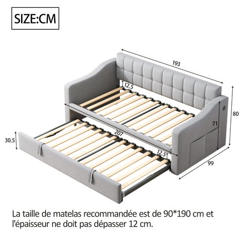 Lit Gigogne 90/180x190 Cm - Simple, Tiroir, Poche, USB, Velours - Gris Clair