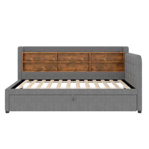 Lit Gigogne 90x200 Cm - Simple, Coffre, Lit Gigogne, USB/type-c, Lin - Gris