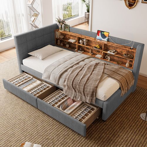 Lit Banquette 90x200 Cm - Simple, Tiroirs, Ports USB - Lin Gris