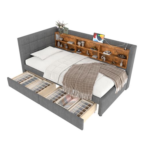 Lit Banquette 90x200 Cm - Simple, Tiroirs, Ports USB - Lin Gris