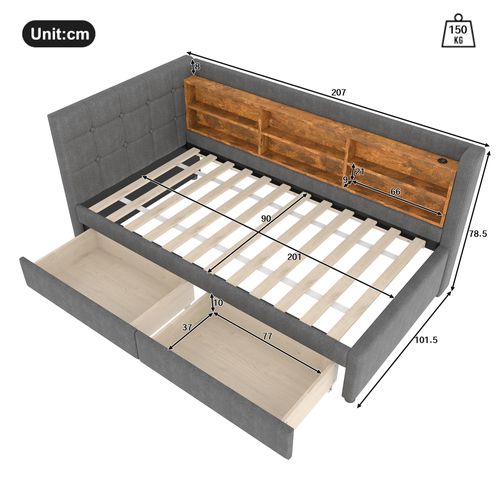 Lit Banquette 90x200 Cm - Simple, Tiroirs, Ports USB - Lin Gris