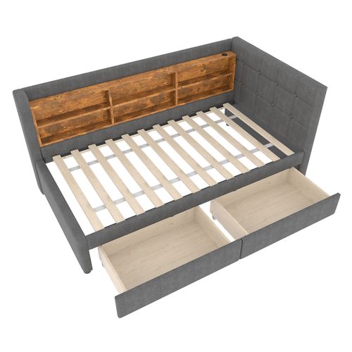 Lit Banquette 90x200 Cm - Simple, Tiroirs, Ports USB - Lin Gris