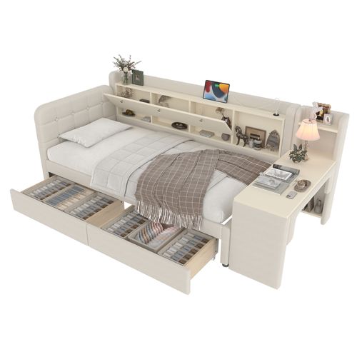 Lit Banquette 90x200 Cm - Rangement, 2 Tiroirs, Table, USB - Structure Stable - Lin Beige
