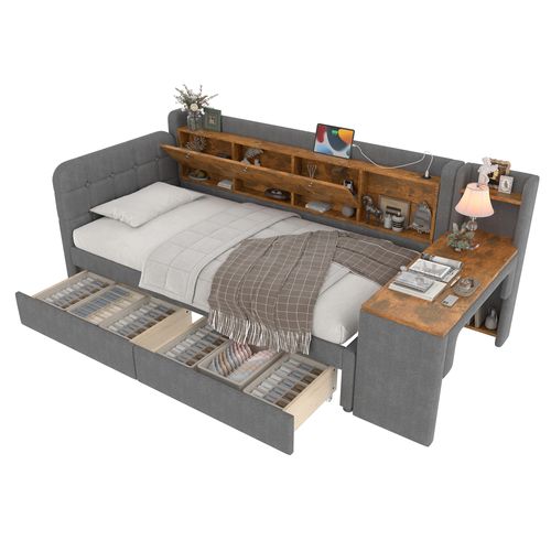 Lit Banquette 90x200 Cm - Rangement, Tiroirs, Table, USB - Structure Stable - Lin Gris