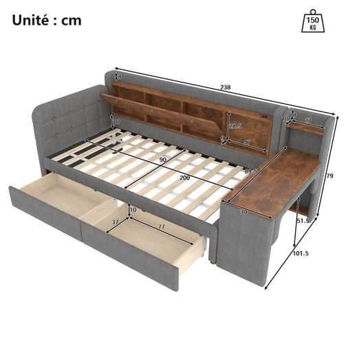 Lit Banquette 90x200 Cm - Rangement, Tiroirs, Table, USB - Structure Stable - Lin Gris