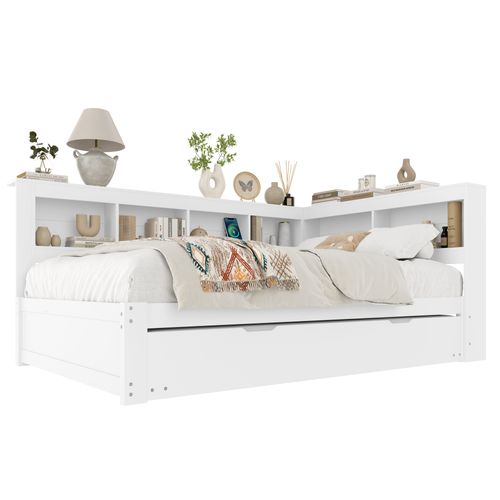 Lit Gigogne 140x200 Cm - Enfant, Couchage Supplémentaire, Prises/usb, Pin Mdf - Blanc
