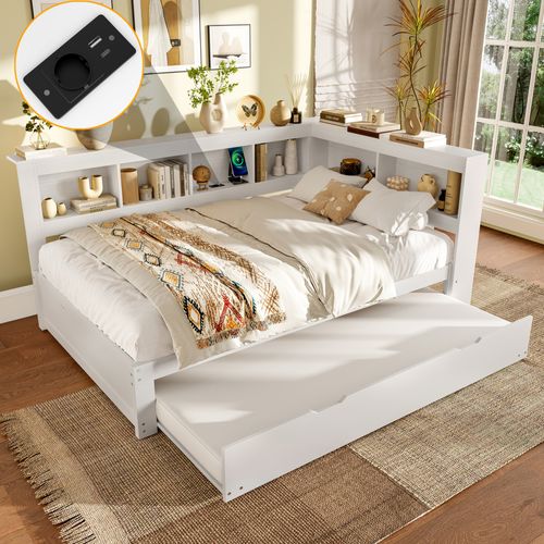Lit Gigogne 140x200 Cm - Enfant, Couchage Supplémentaire, Prises/usb, Pin Mdf - Blanc