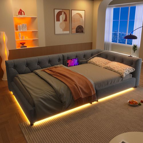 Lit Banquette 90x200 Cm - Simple En Lin, Tête Capitonnée, LED, USB-c - Gris